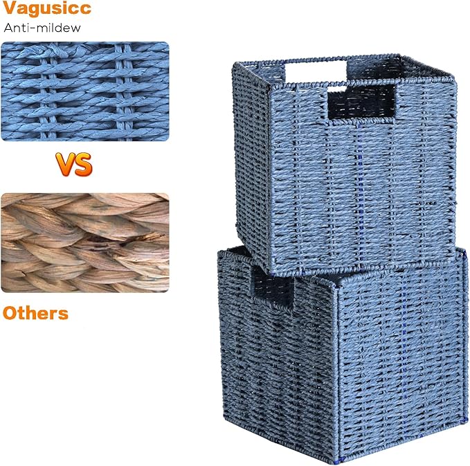 Vagusicc Wicker Storage Basket, Set of 2 Hand-Woven Storage Baskets for Shelves with Handles, Foldable Cube Storage Baskets Bins 11 Inch Large Wicker Baskets for Pantry Decor, Blue(11''x11''x11'')