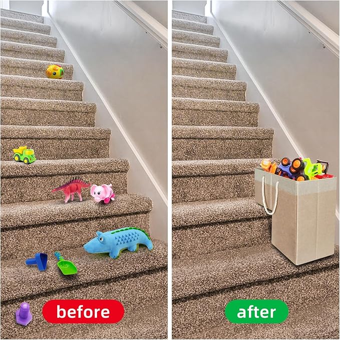Stair Basket for Stairs with Handle, Staircase Baskets for Carpeted and Wooden Stairs,16" Step Storage Basket for Toys, Clothes, Books, Tools, with Hard Board, Anti-slip (Beige, 1 pack)