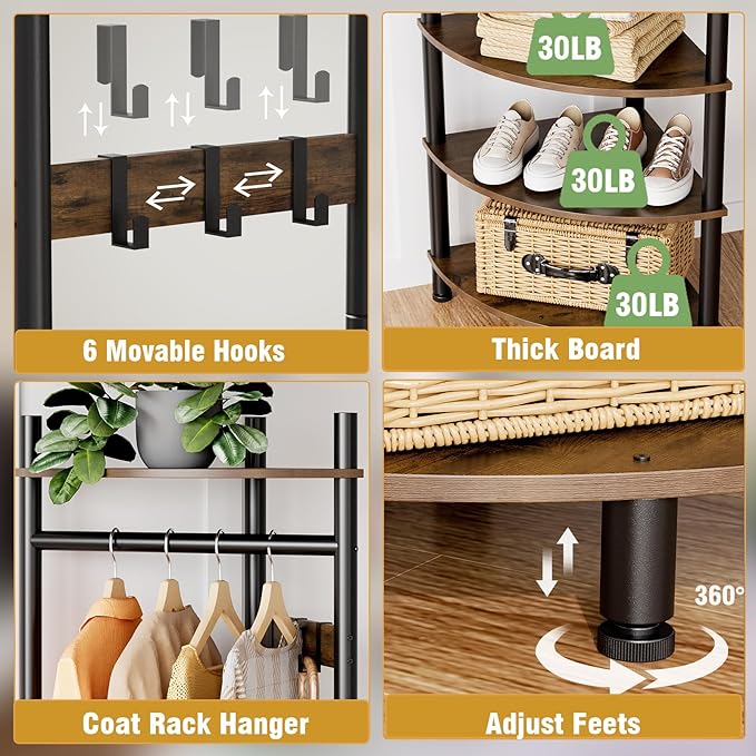GiftGo Corner Hall Tree with Shoe Rack Entryway Coat Rack with 6 Metal Movable Hooks Floor Standing Clothes Rack Organizer for Home Office Bedroom (Rustic Brown)