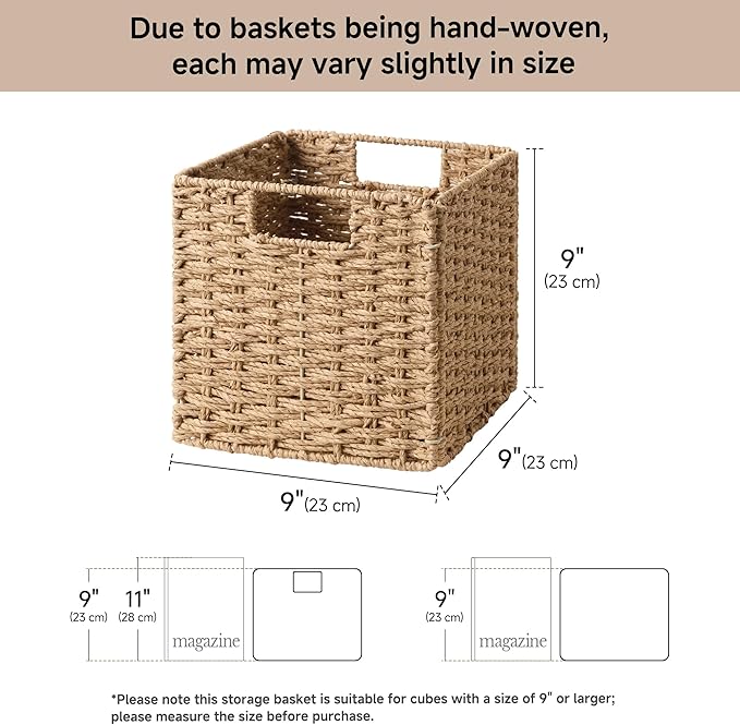 StorageWorks 9 inch Wicker Storage Cubes, Handwoven Wicker Baskets for Storage, Square Cube Organizer Bins, Foldable Paper Rope Basket for Organizing, Natural, 2 Pack