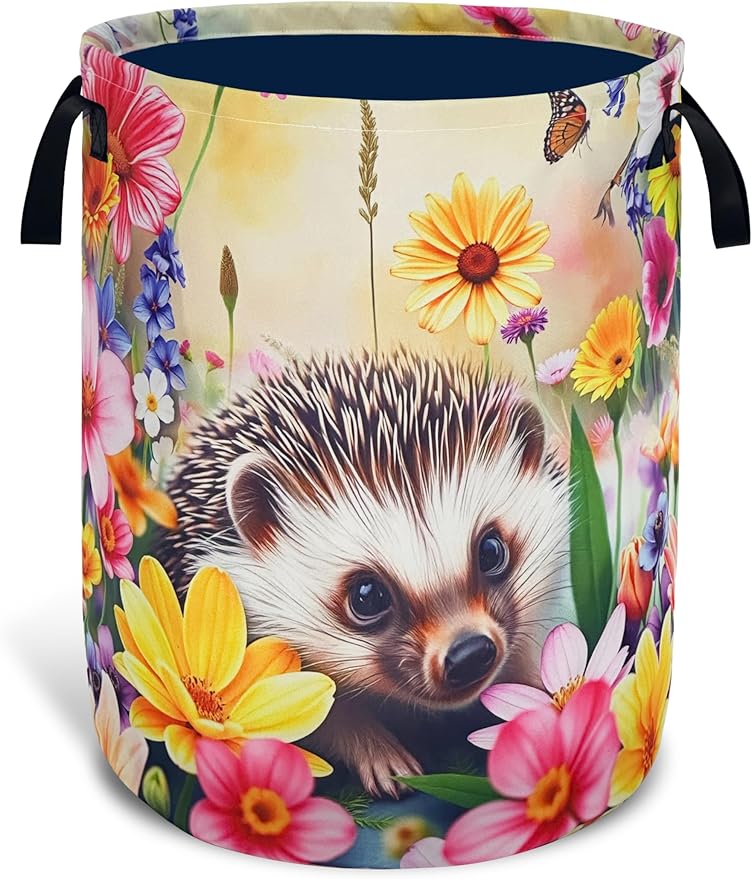Hedgehog Laundry Basket Oxford Cloth 18.9H x 16.5Dia Foldable with Reinforced Handle Portable Colorful Flowers Storage Organizer for Home Laundry/Bedroom/Kids Room