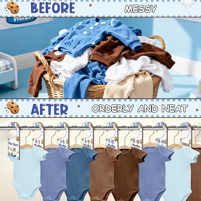 Baby Closet Dividers 8PCS, Milk and Cookies Themed Wooden Double-Sided Clothes Size Hanger/Organizer from Newborn to Toddler for Nursery Decor Baby Shower Birthday Gender Reveal Party Gift