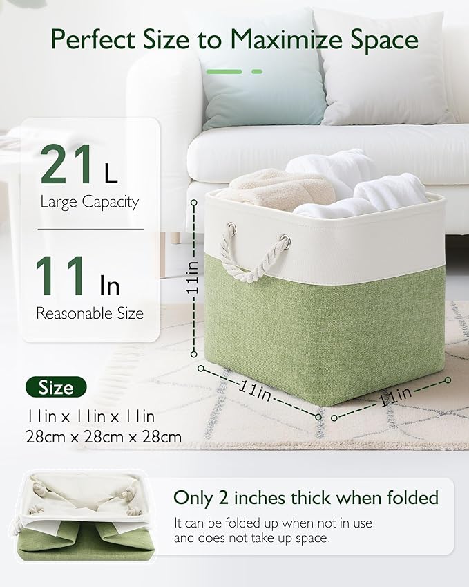 11 Inch Cube Storage Bins, 4 Pack Fabric Storage Cubes with Rope Handles, Organizer Baskets for Closet Shelves, Clothes and Home Organization(White/Green)