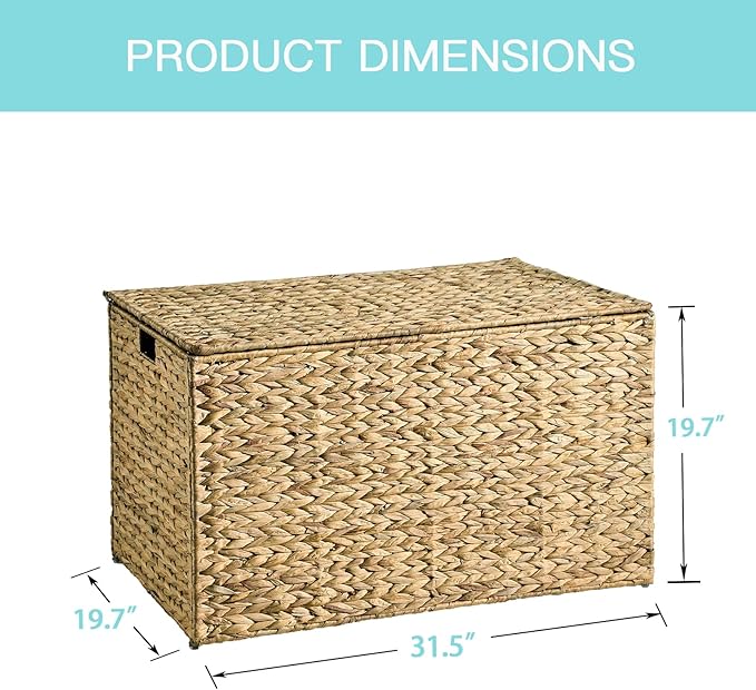 Water Hyacinth Storage Basket with Lid, 52.8 Gallon (200L) Wicker Storage Trunk with Handles, Handwoven Large Wicker Storage Basket for Blanket, Foldable, for Living Room, Bedroom, Natural