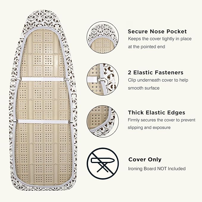 Ironing Board Cover and Pad 18"x49" Extra Thick Natural Cotton, Scorch and Stain Resistant Iron Board Cover,Wide Ironing Board Cover with Fasteners Heavy Duty Heatproof Elastic Edge Taupe