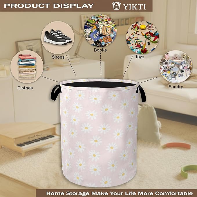 Pink Daisy Flower Laundry Hamper,Spring Floral Clothes Hamper for Laundry,Waterproof Oxford Toy Storage Collapsible Hampers for Bedroom, Dorm Room,Bathroom,16x20 Inch