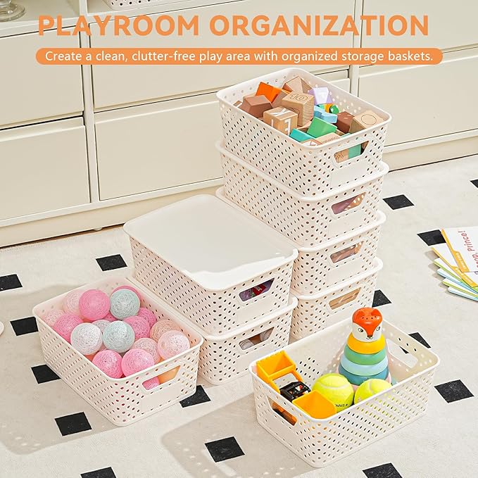 10 Pack Plastic Storage Bins with Lids, Stackable Plastic Storage Baskets for Organizing with Handles, Organizer Bins with Labels for Room, Craft, Containers for Pantry Organizers and Storage