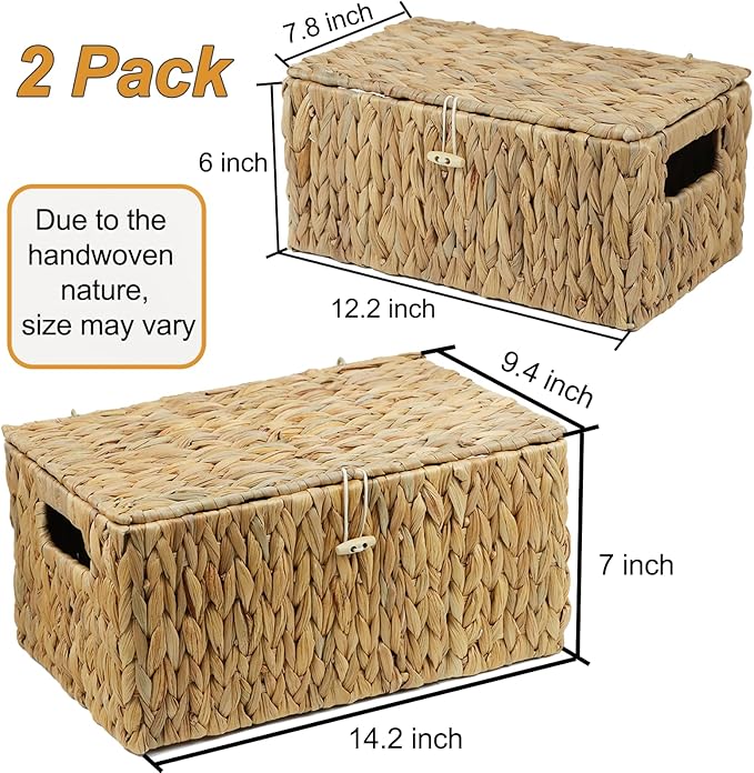 Set of 2 Wicker Basket with Lid, Rectangular Water Hyacinth Storage Baskets for Organizing, Decorative Woven Basket Bins Boxes for Organizing Home