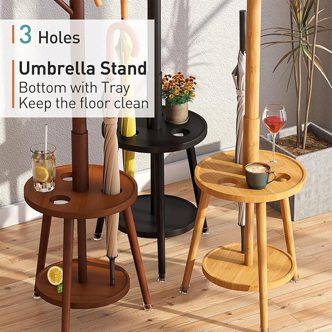 Coat Rack, Bamboo Wood Coat Freestanding with Umbrella Holder, Adjustable Height Coat Stand with 8 Hooks, kids coat rack, Used In The Bedroom Living Room, Office To Hang Clothes, Hats, Bags (Black)