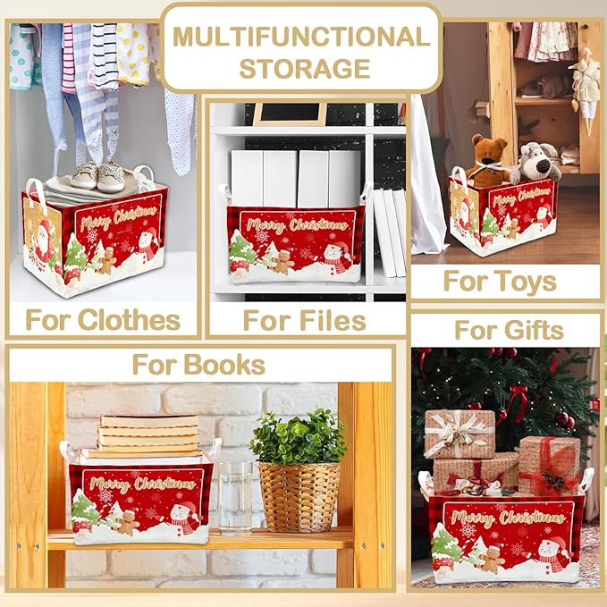 1 Pcs Merry Christmas Storage Basket, Red Plaid Decor Christmas Gift, Santa Claus Storage Boxes, Storage Boxes for Home Clothes, Toys and Books, Winter Xmas Party Decor Storage