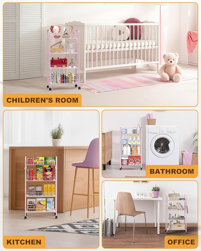 Mythinglogic 4-Tier Rolling Cart with 360° Wheels, Snack Cart, Removable Wire Baskets, Metal Utility Storage Cart for Kitchen, Bathroom, Laundry Room, Office