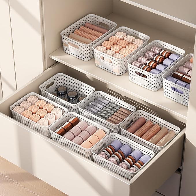 Plastic Storage Basket with Lids 12 Pack Stackable Storage Bins Containers with Lid, Decorative Storage Boxes for Organizing Shelves, Drawers, Playroom, Classroom, Office, Closet, White