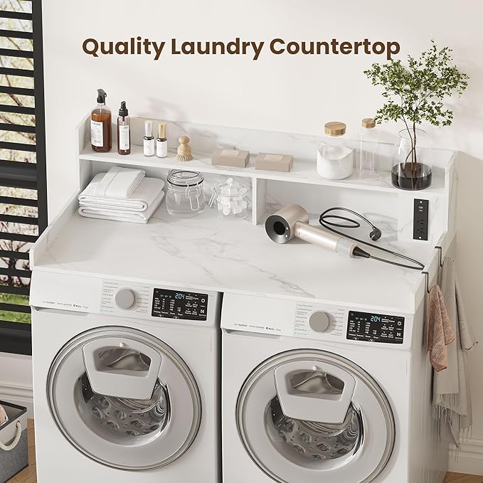 Upgraded 2-Tier Washer and Dryer Countertop with Power Outlet,54" W x 27.6" D Large Laundry Countertop for Fold Clothes, Laundry Topper with Non-Slip Pads & Metal Hooks and Storage Basket