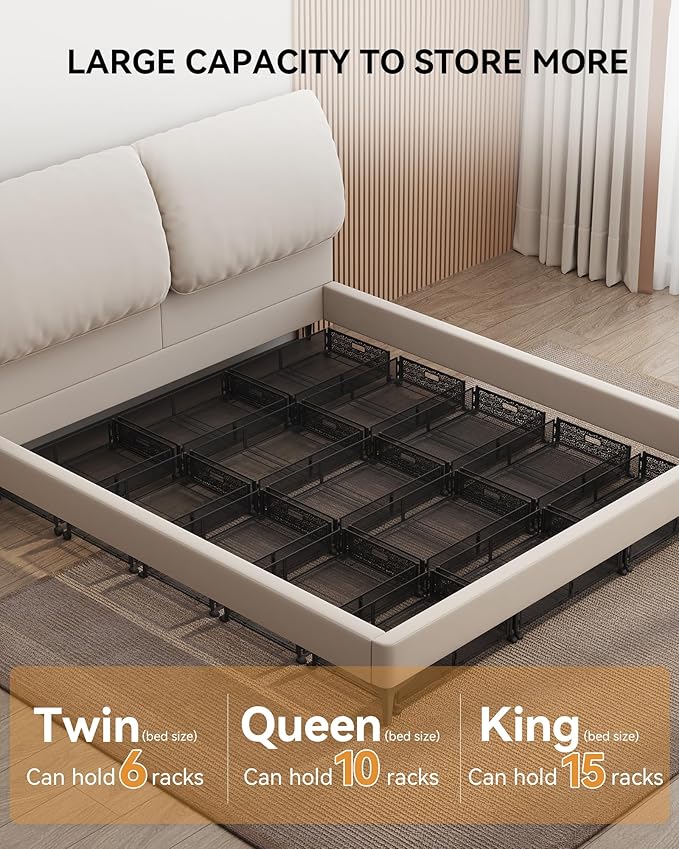 Under Bed Storage with Wheels, Foldable Pattern Carved Metal Under The Bed Storage, Tool-Free Assembly Under Bed Organizer, 60L Underbed Storage for Bedroom Clothes Blankets Shoes Toys-4 Pack