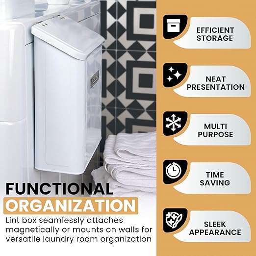 Magnetic Lint Bin for Laundry Room | Modern Farmhouse Black Trash Can With Lid | Space Saving Storage (Black)