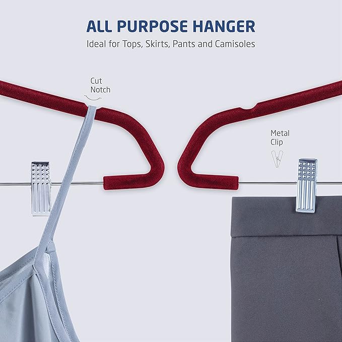 Zober Velvet Hangers with Clips - 20 Piece Set for Pants, Skirts, Suits, Dresses & Shirts - Notched Burgundy Velvet, Non Slip Felt, 360 Degree Hook