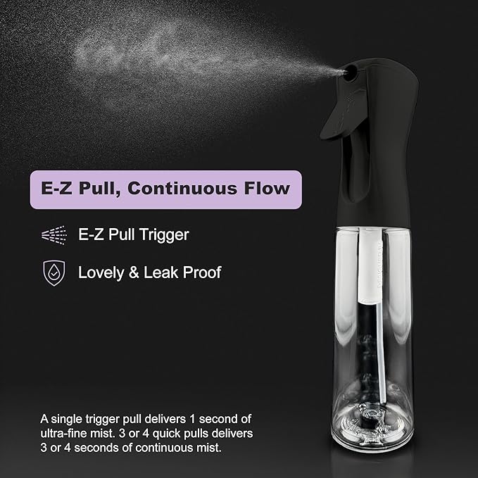 2 Pack Spray Bottles for Hair - Continuous Water Mister Spray Bottles with Ultra Fine Mist Spray for Hairstyling, Barbers, Salons, Skin Care, Cleaning, Plants, Pets (Ebony, 10.1 oz)