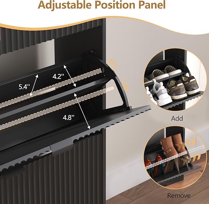 Shoe Cabinet Storage for Entryway with 6 Flip Drawers, Black Fluted Shoe Cabinet with Adjustable Shelves, Wooden Hidden Shoe Rack Freestanding Narrow Slim Shoes Storage for Hallway, Entrance