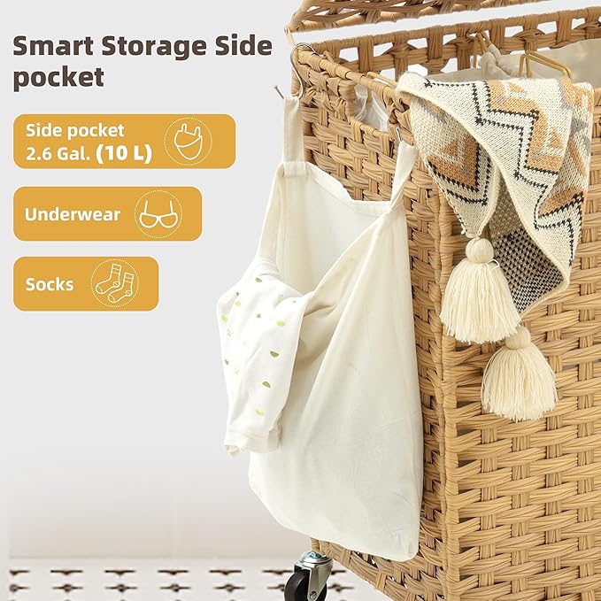 Laundry Hamper with Lid, 160L Rattan Wicker Laundry Basket with Wheels, Handwoven Laundry Hamper 2-Section with Storage shelf(42.3 Gal), Laundry Sorter Basket with Removable Liner, Natural HLH032N