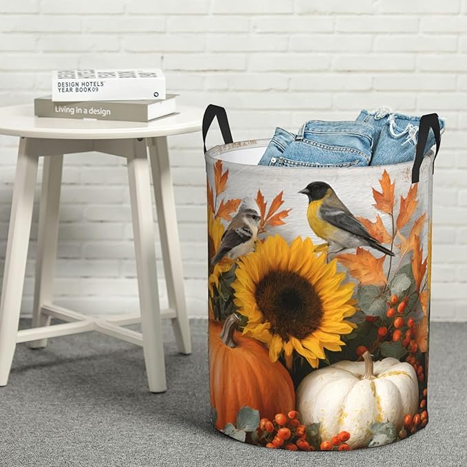 Fall Harvest Laundry Hamper, Decorative Sunflower Pumpkin Design, For Bathroom/Laundry Storage/Bedroom 19.6x15.7 Inch