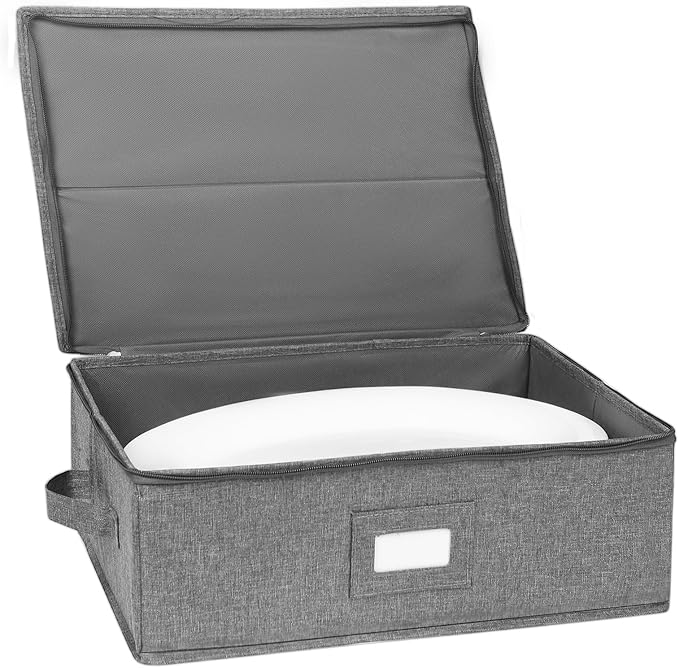 popoly Platter Storage Case, China Storage Containers Hard Shell 17" x 13" x 6", 5 Felt Dividers Included, Structured Top and Stackable (Linen Grey)