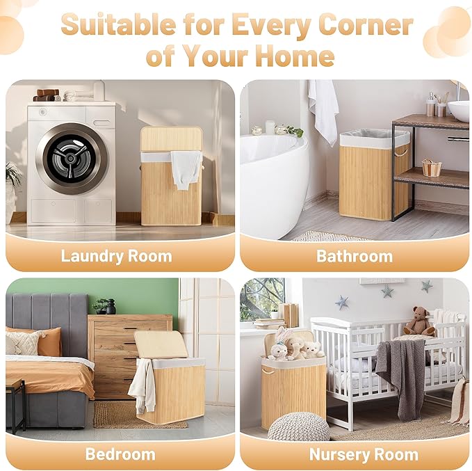 72L Slim Laundry Hamper with Lid, Foldable Bamboo Clothes Laundry Basket with Handles, Removable and Machine Washable Liner, for Bedroom, Bathroom, Dorm, Natural Beige