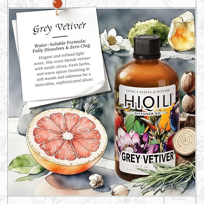 HIQILI Grey Vetiver Diffuser Oil, Fast Diffusion for Large Spaces, Pet - Safe, Suitable for Home and Other Scenarios - 3.38 Fl Oz