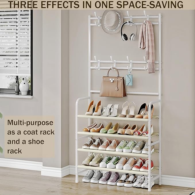 Coat Rack Shoe Rack With Storage Shelf Freestanding with 8 Hooks for Entryway Bedroom Closet (White, 4Tiers)