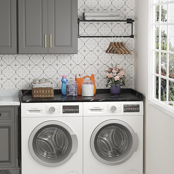 Lifewit Washer Dryer Countertop, Melamine Covers with Edge Rails for The Top, Laundry Room Storage and Organization, Spice Type, Hold 200lbs, Black Marble, 54" x 27.5"