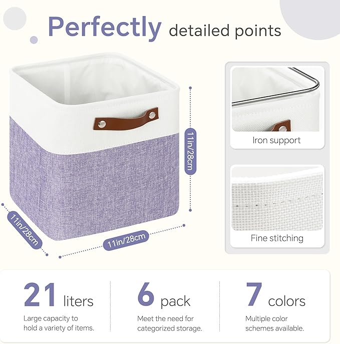 Cube Storage Baskets 6 Pack, 11x11 inch Cube Storage Bins with Leather Handles for Shelf Closet (White/ Purple)