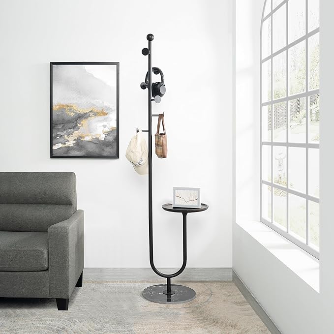 Coat Rack Freestanding with Table & 6 Hooks, Corner Coat Tree, Heavy-duty Marble Base Coat Rack Stand for Bedroom Living Room Office Entryway 13.78 x 13.78 x 68.11 Inches (Black)