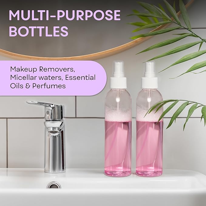 BRIGHTFROM Fine Mist Spray Bottles 8 OZ, Empty Refillable Containers - Essential Oils, Disinfectant Spray, Water 2 PACK (Clear, White Mist)