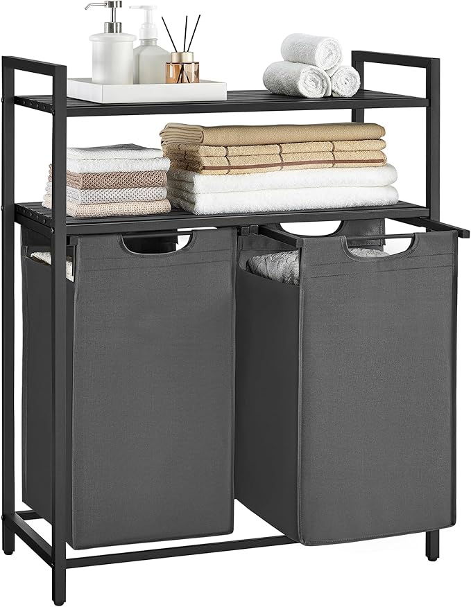 VASAGLE Laundry Hamper, Laundry Basket, Laundry Sorter with 2 Pull-Out and Removable Bags, 2 Shelves, 12.1 Gal (46L) Capacity per Bag, for Laundry Room, Black and Gray UBLH211G01