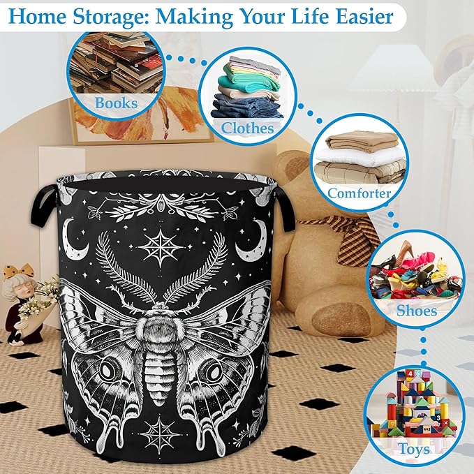 Butterfly Moon Laundry Basket Collapsible Laundry Hamper with Handle, Oxford Clothes Toy Storage Bin for Bathroom Bedroom Room Décor 16" X 20.8"