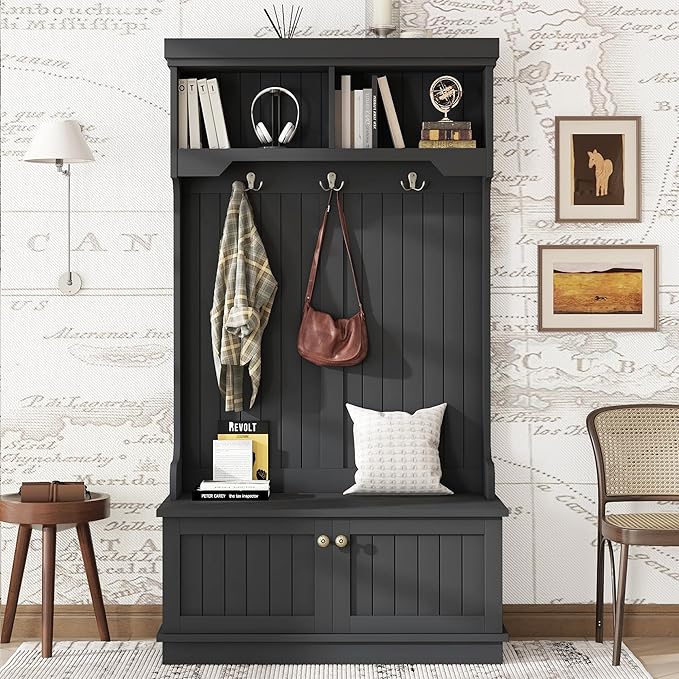 35.5 inch Hall Tree with Bench and Shoe Storage Shelf, Wood Hall Tree with 4 Hooks/Mudroom Bench with Storage and Hooks, Hall Trees for Entryway, Hallway, Living Room(Black 35.5")