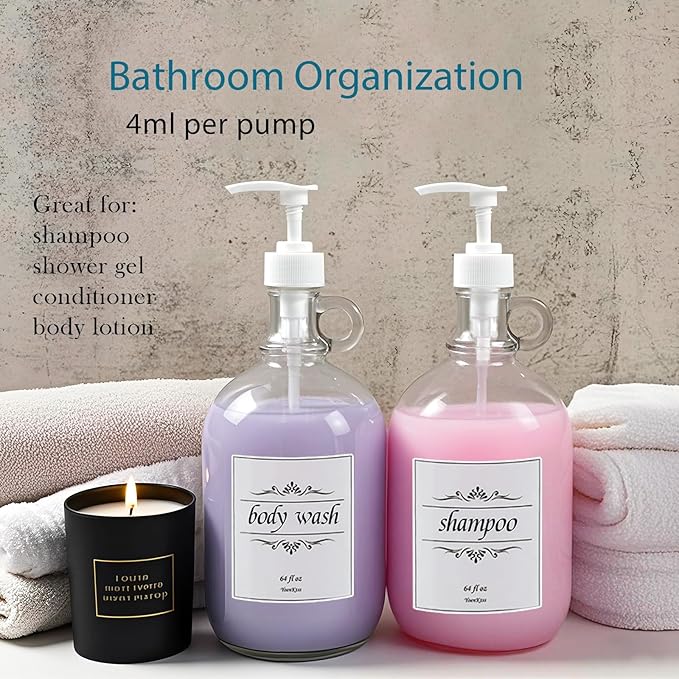 3 Pack Laundry Detergent Dispenser with Pump and Lid, 64 Oz Glass Bottles for Laundry Room Organization and Storage, Fabric Softener Dispenser for Washer
