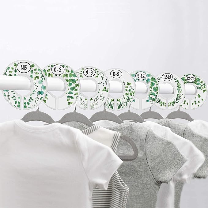 Baby Hangers and Closet Size Dividers - 7X Botanical Clothing Dividers with 20x Velvet Hangers for Baby Closets - Nursery Clothes Organizer - Eucalyptus Vines Leaf Plant Greenery Décor [Botanical]