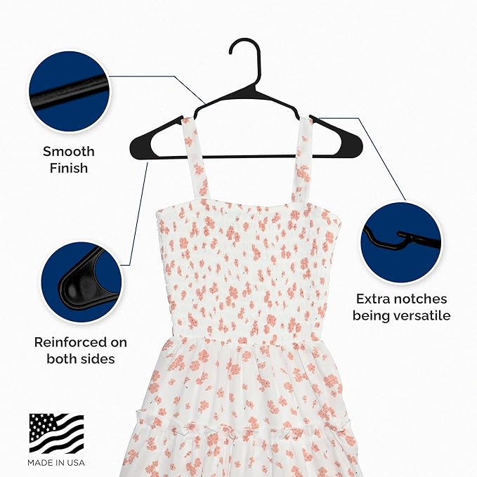 Plastic Hangers 50 Pack - Space Saving Clothes Hangers, Made in USA, Durable & Strong Plastic Shirt & Coat Hanger with Notches & Shoulder Grooves, Non-slip Clothing Hangers | Black