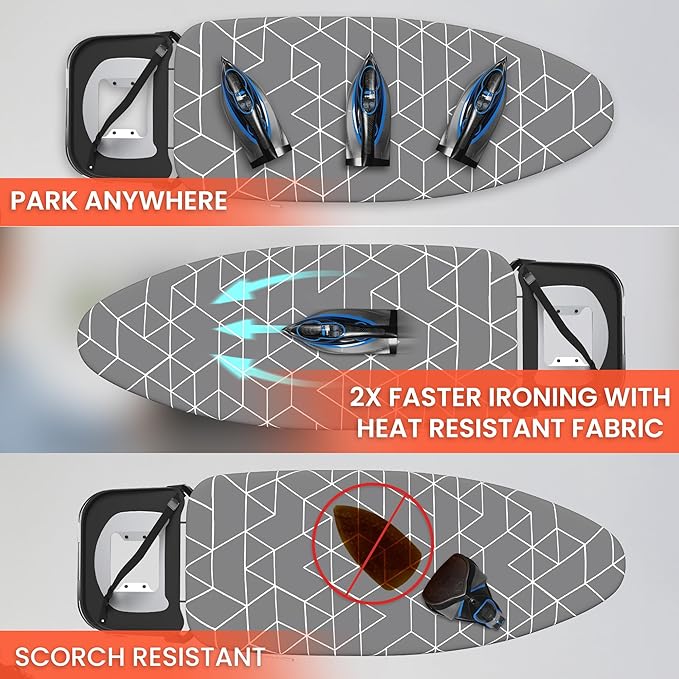 Xabitat Extra Wide Ironing Board 60" X 20" with Wheels & Wall Mount Hanger | Full Metal Iron Board | Built in Iron Caddy | Heat & Scorch Resistant Cover| Heavy Duty | Wide Leg