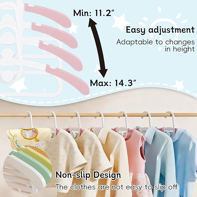 30 Pack Baby Kids Clothes Hangers Adjustable Stackable for Infant to Children - Thick Plastic, Non-Slip, Space Saving, Pink