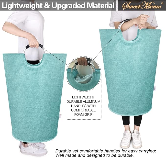 Medium Laundry Hamper Bag, 82L Collapsible Tall Laundry Basket, Double Layer Fabric, Full-Ring Aluminum Handles, Stands Upright, Heavy Duty Clothes Hamper for Bedroom Dorm, Light Blue