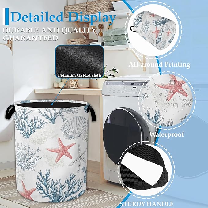 Seashell Starfish Ocean Laundry Basket Collapsible Laundry Hamper with Handle, Oxford Clothes Toy Storage Bin for Bathroom Bedroom Room Decor 16" X 20.8"