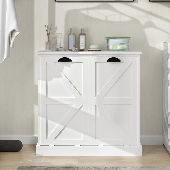 Laundry Hamper Cabinet with Removable Basket, Double Tilt Out Laundry Hamper, Wood Bathroom Storage, Free Standing Home Organizer, White