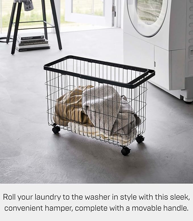Yamazaki Home Tower Small Rolling Laundry Basket Metal Hamper Cart With Wheels And Handle, 14.8" - Steel - 9.8 Gallons, 35 Liters