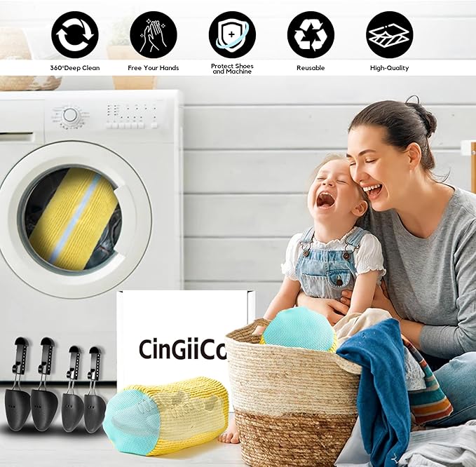 Shoe Washing Machine Bag, 4 Pcs Laundry Shoe Bag For Washing Machine, With 4 Boot Stretcher (L 6-12.5 & S 5-10.5), 360°Deep Cleaning, Fit Most Shoes Types