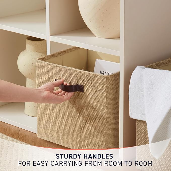 Ornavo Home 10.5 x 10.5 Storage Cube Bins, 6 Pack Jute Baskets, Fabric Storage Bins Shelf Basket Cube Organizer for Closet Foldable Collapsible with Leather Handles