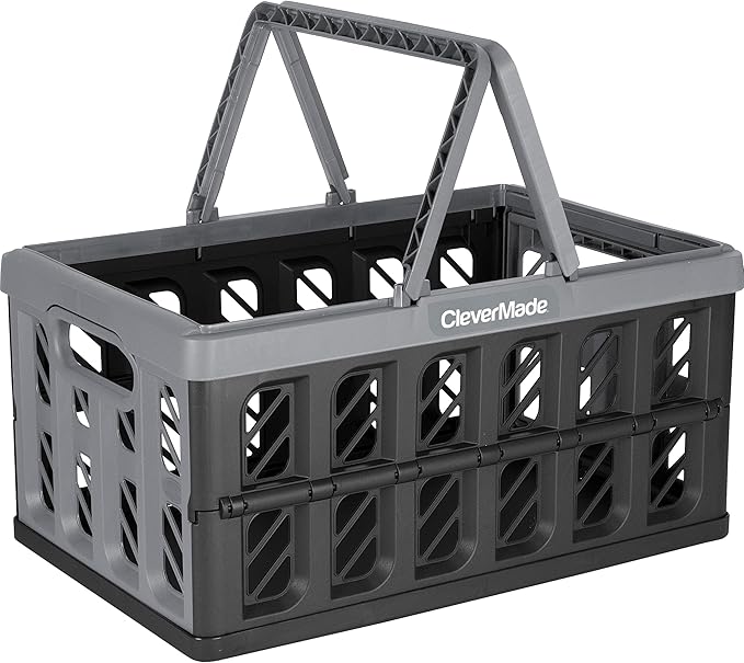 CleverMade Collapsible Shopping Basket with Handles – 24L Collapsible Grocery Tote, Plastic Storage Baskets Fold Flat, Stackable Collapsible Storage Bins for Car & Home - Stone