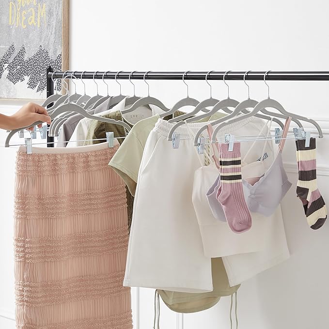 VECELO 20 Pack Velvet Clothes Hangers with Adjustable Clips,Heavy-Duty Non Slip & Space-Saving with 1 Magic Hangers & 2 Tie Rack for Suit Coat Pants Skirt Dresses