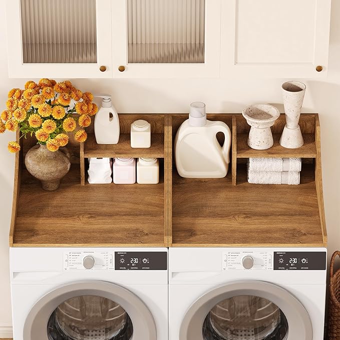 27'' Washer Dryer Countertop with Shelf, 2-Tier Laundry Countertop for Single Wood Washer and Dryer Topper for Laundry Room Organization, Brown