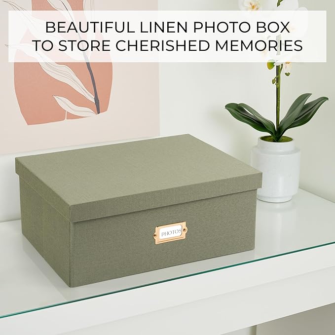 ZICOTO Decorative Photo Storage Box - Sturdy Linen Photo Organizer with Dividers is Perfect to Store Up to 1700 Pictures and 5x7 Photos - Portable Scrapbook Storage Containers with Lid